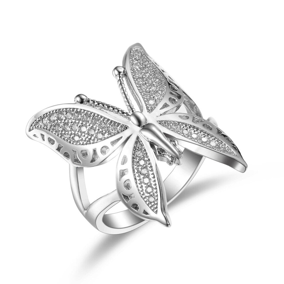 Female Big Butterfly Zircon Stone Silver Open Ring Wedding Ring s925 Stamp Love Engagement Sterling Plata Ring