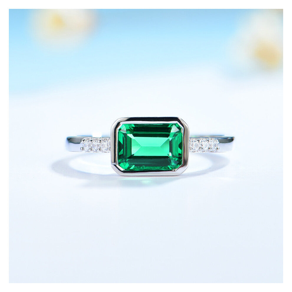 Kuololit Bezel Setting Ring for Women Solid 925 Sterling Silver Created Emerald Jewelry for Wedding Engagement Christmas