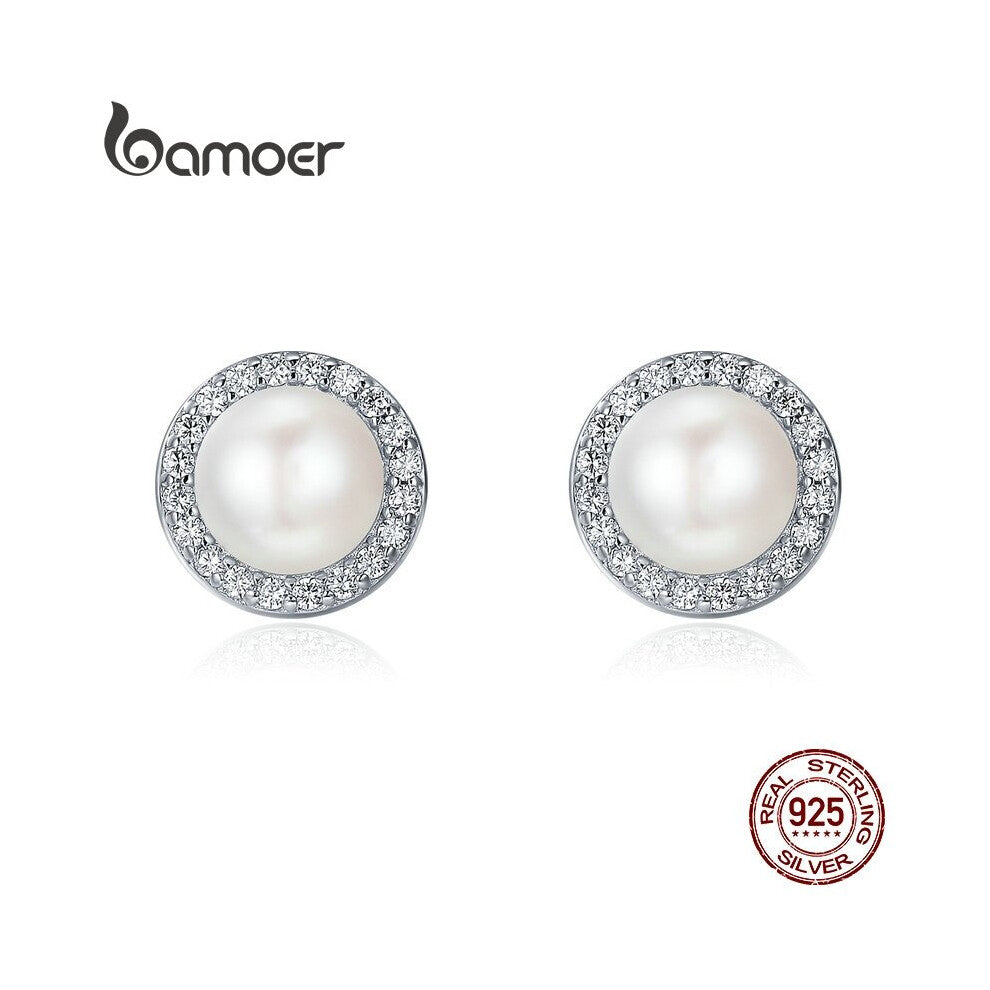 Bamoer 925 Sterling Silver Classic Round Fresh Water Pearl Stud Earrings Pave Setting CZ for Women Engagement Jewerly SCE122