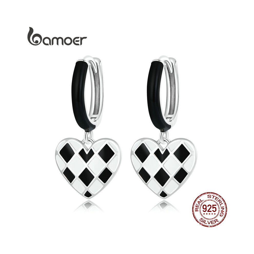 Bamoer 925 Sterling Silver Unique Striped Checkered Hoops Minimalist Heart Rhombic Lattice Earrings