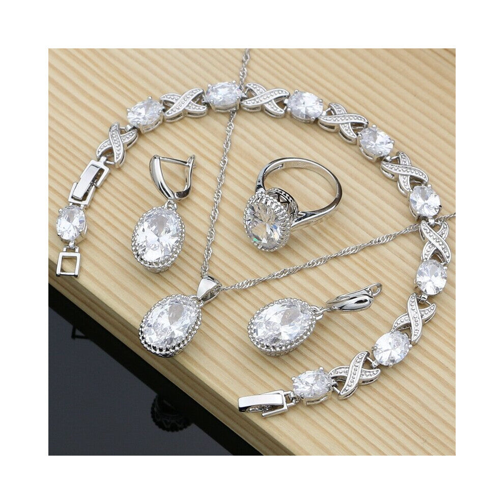 (White, 9.5) 925 Silver Jewelry Sets Purple Natural Cubic Zirconia Crystal Women Tennis Earrings-Pendant-Necklace-Rings-Bracelet