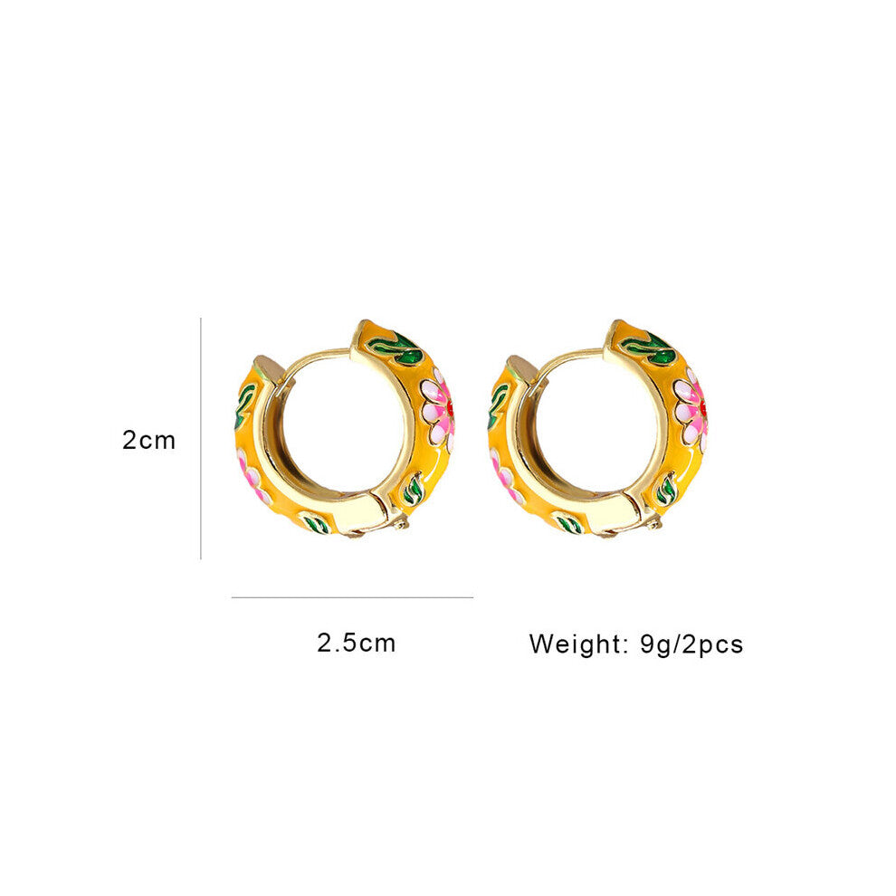 Vintage Brass Enamel Flower Hoop Earrings For Women Colorful Round Y2K Huggie Earrings Hoops Wedding Jewelry