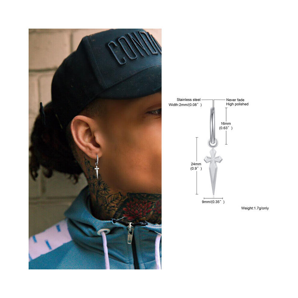 Men Huggie Hoops Earring, Minimal Sword Cross Dangles Earrings, Stainless Steel Men's Biker Jewelry