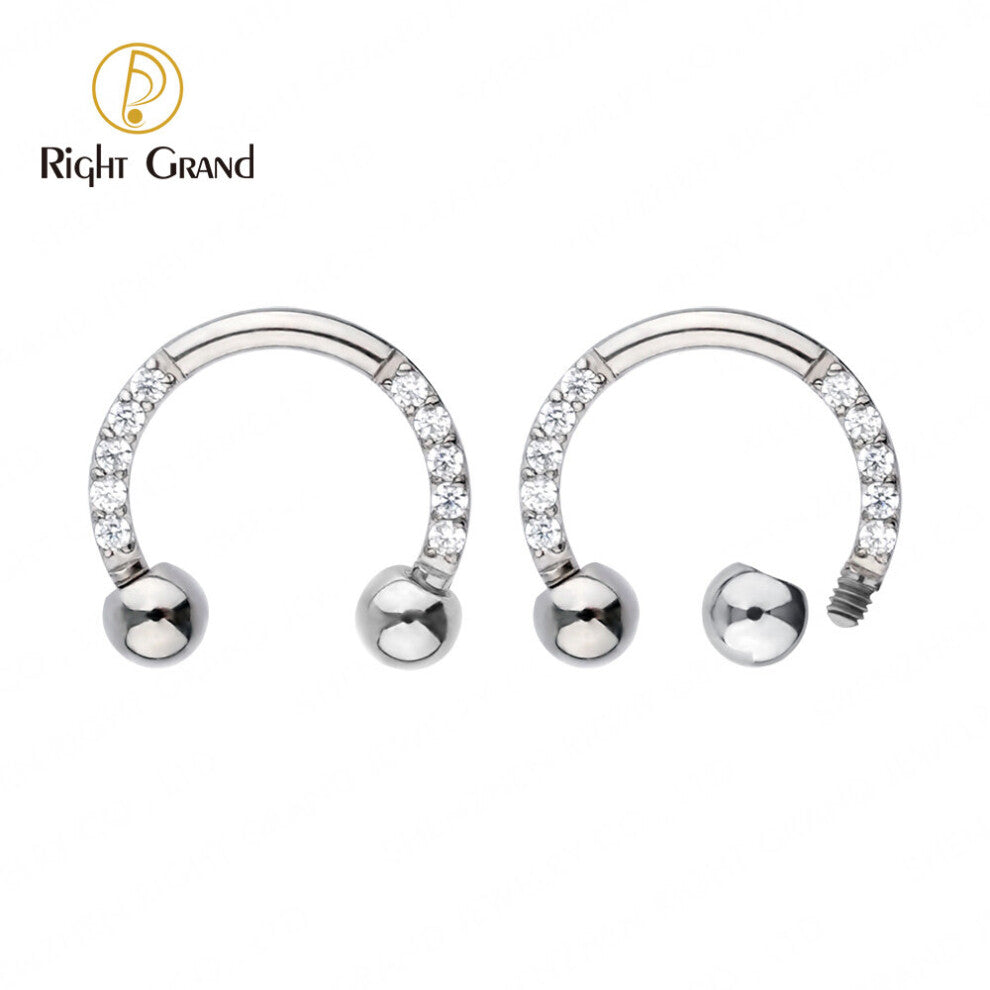 (Black) Right Grand ASTM F136 Titanium Implant Grade CZ Clear External Thread Circular Barbell Horseshoes Nose Piercings
