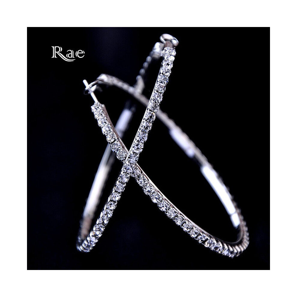 (Blue) Raexrage 30-100mm Hoops Earrings With Rhinestone Circle Crystal Earrings Big Basketball Wives CZ Hiphop Earrings Women