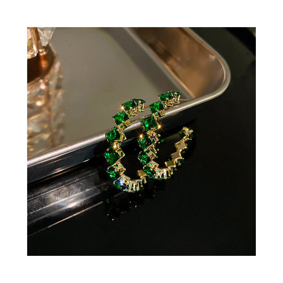 High Inlay Hoop Earrings Round Green Zircon Crystal Earrings for Women Engagement Party Jewelry