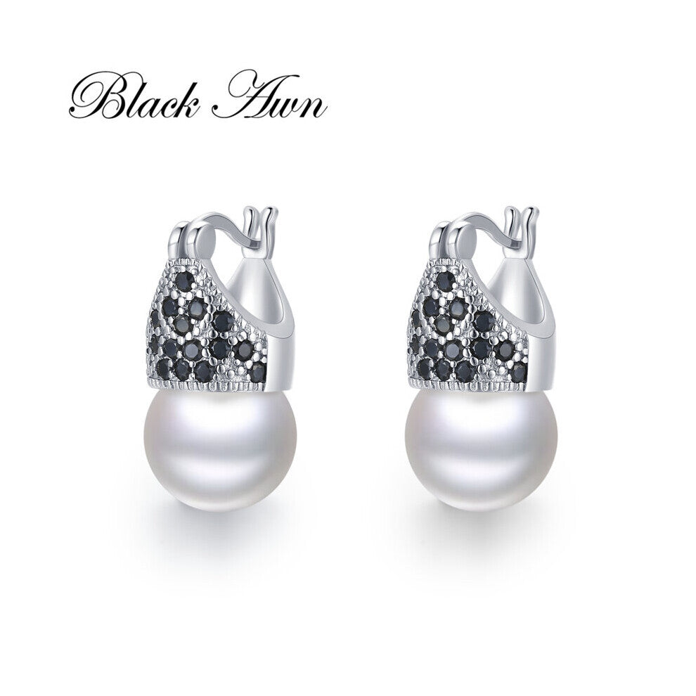 Awn Round Pearl Hoop Earrings for Women Classic Silver Spinel Engagement Jewelry I221
