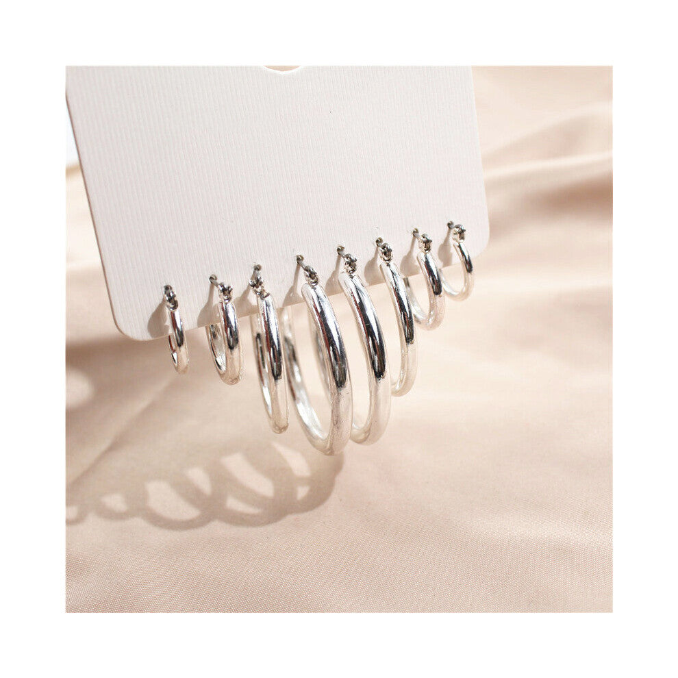 4PRS-SET Smooth Silver Small Big Hoops Mixed Circle Loop Earring for Women Female Daily Party Hoop Earring