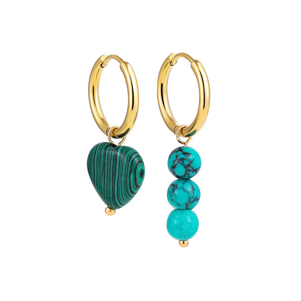 Natural Stone Round Heart Beads Hanging Earrings for Women Stainless Steel Huggie Hoops Charms Jewelry