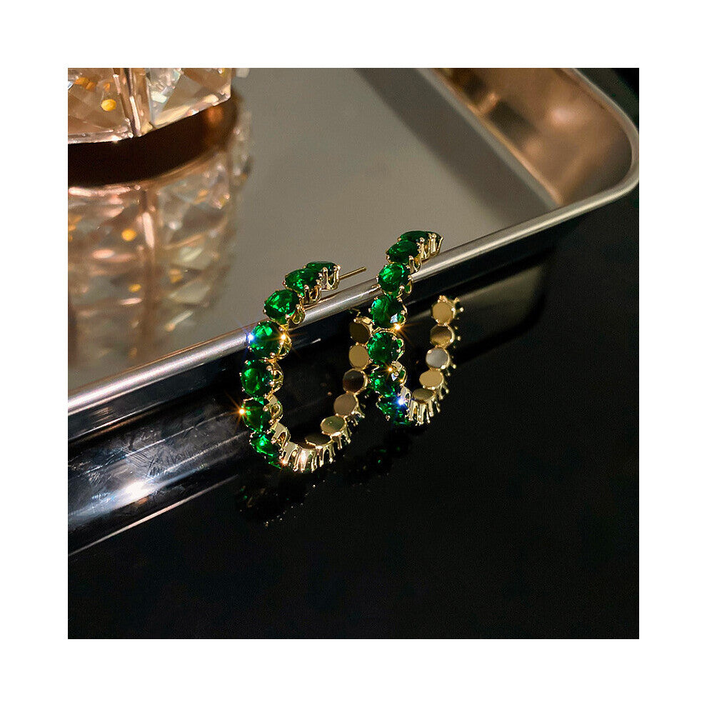 Inlay CZ Hoop Earrings Round Green Zircon Earrings C-shaped Crystal Earring Wome Engagement Party Jewelry