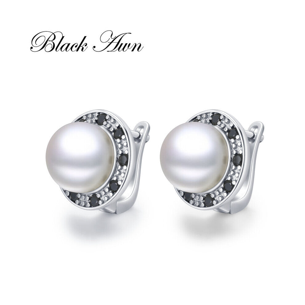 Awn Round pearl Hoop Earrings for Women Classic Silver Spinel Engagement Jewelry I223