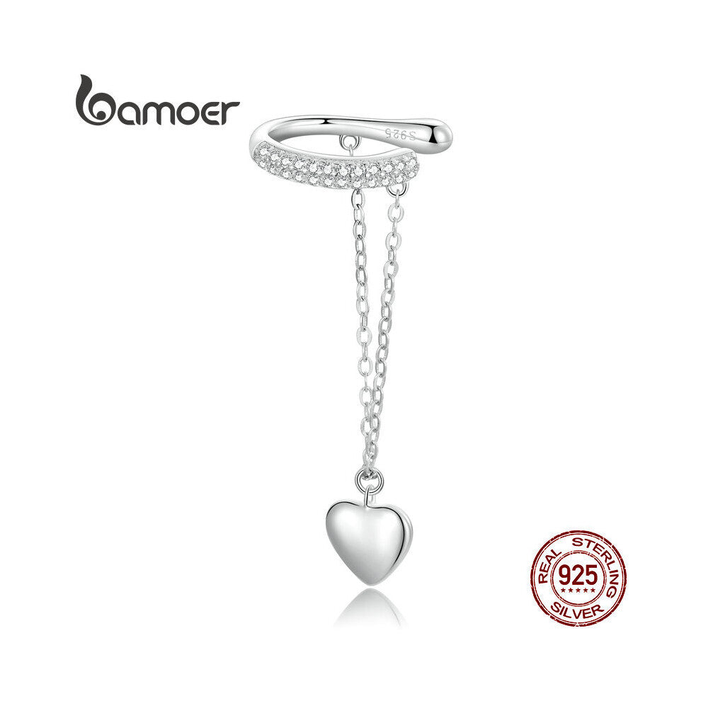 Bamoer 925 Sterling Silver Love Ear Cuff for Women Fine Jewelry Heart Pendant Ear Clip Wedding Engagement Gift SCE1449