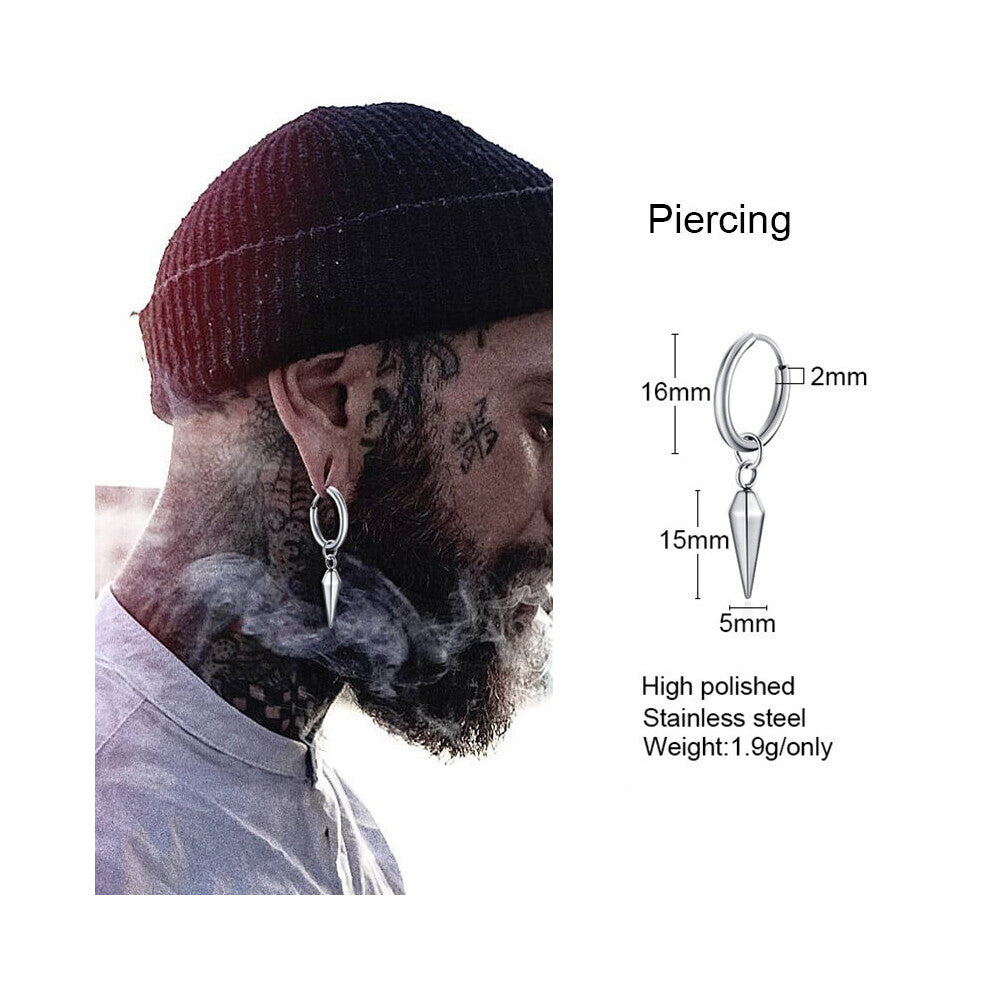 (Black) SINGLE SPIKE HUGGIE HOOPS EARRINGS FOR MEN STAINLESS STEEL STREETSTYLE STREETWEAR HIPSTER MAN SPIKEY HOOP JEWELRY