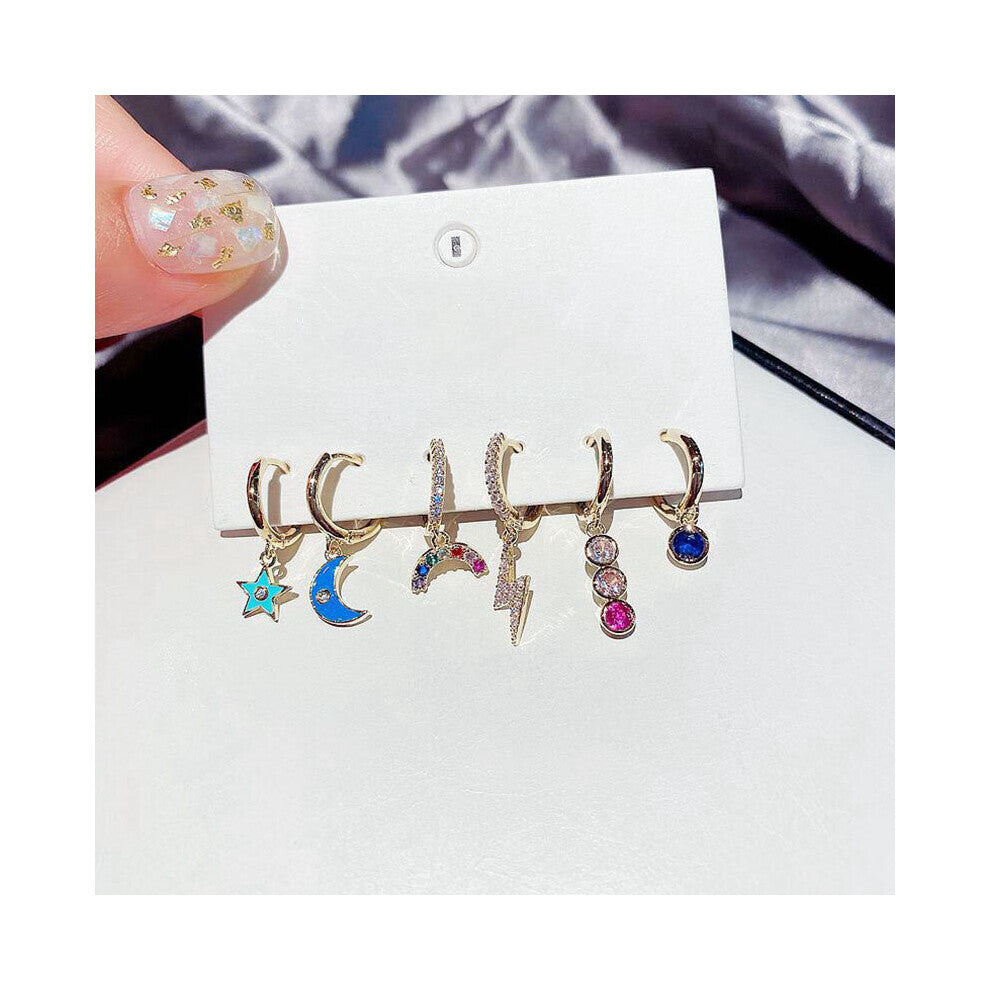 Silver Copper Zircon Moon Star Heart Plane Hoops Huggie Creative 6-piece Earring Set