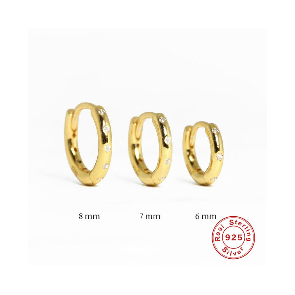 (Light Yellow Gold Color) 6 7 8mm Round Micro Inlaid Zircon Earrings For Women 100% Real 925 Sterling Silver Earrings Hoops Fine Jewelry Pendientes