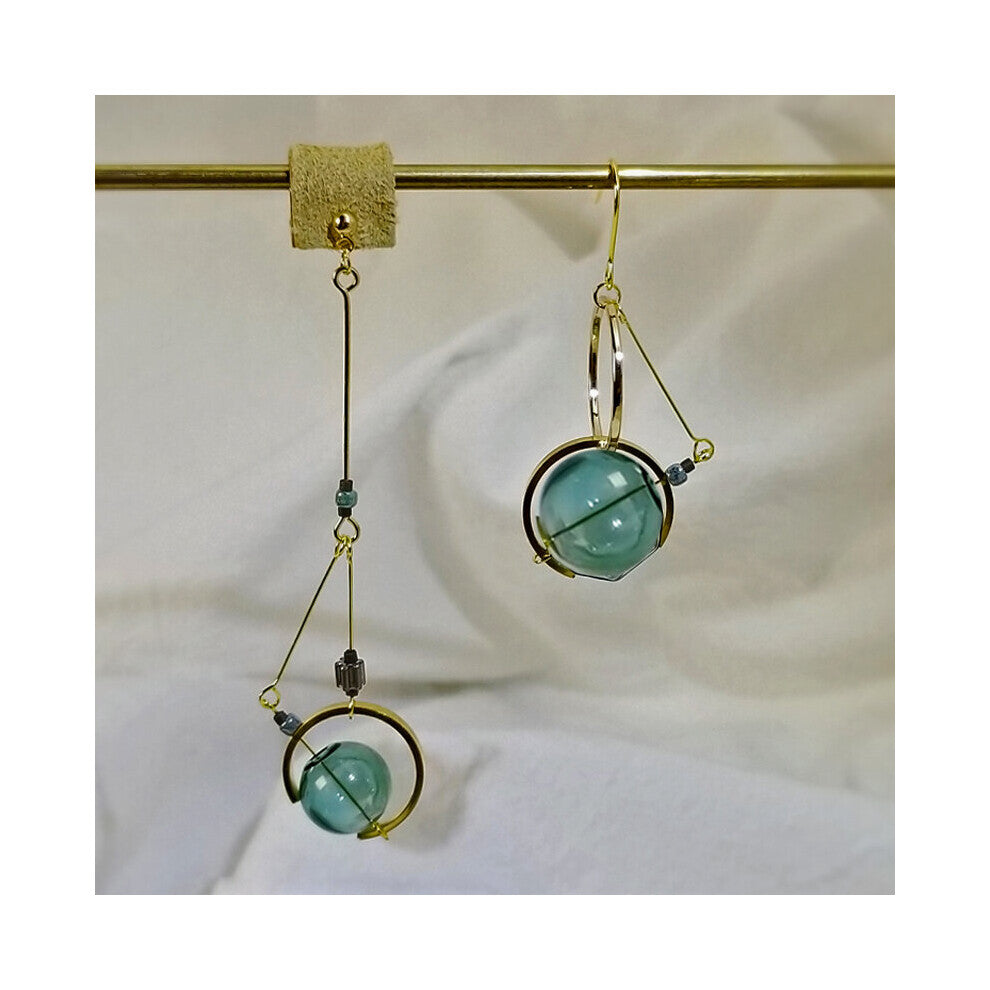 Vintage Dark Green Glass Ball Circle Dangle Long Earrings For Women Artsy Asymmetric Bubble Earrings