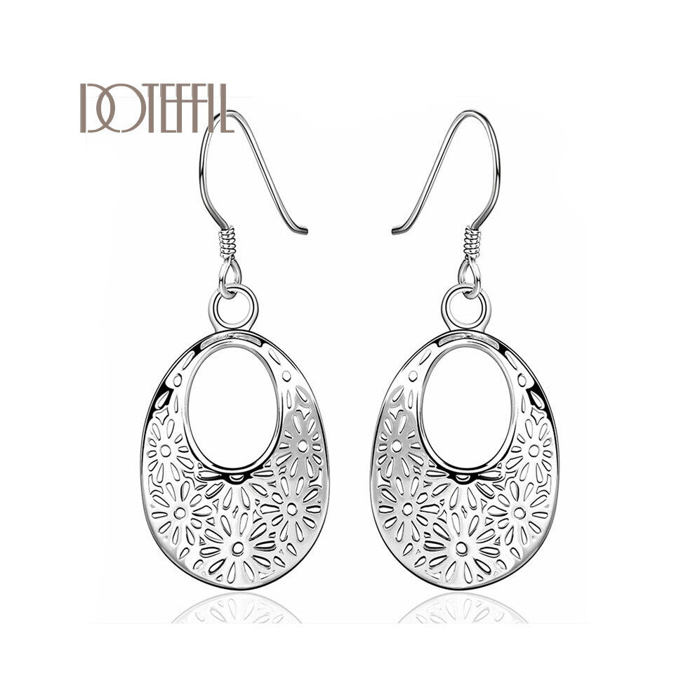 925 Sterling Silver Patterned Oval Drop Earrings Charm Women Jewelry Wedding Engagement Party Gift