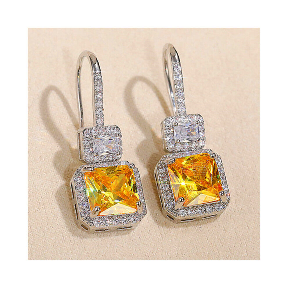 Gorgeous Princess Square Yellow Cubic Zirconia Drop Earrings Women Wedding Engagement Accessories Jewelry