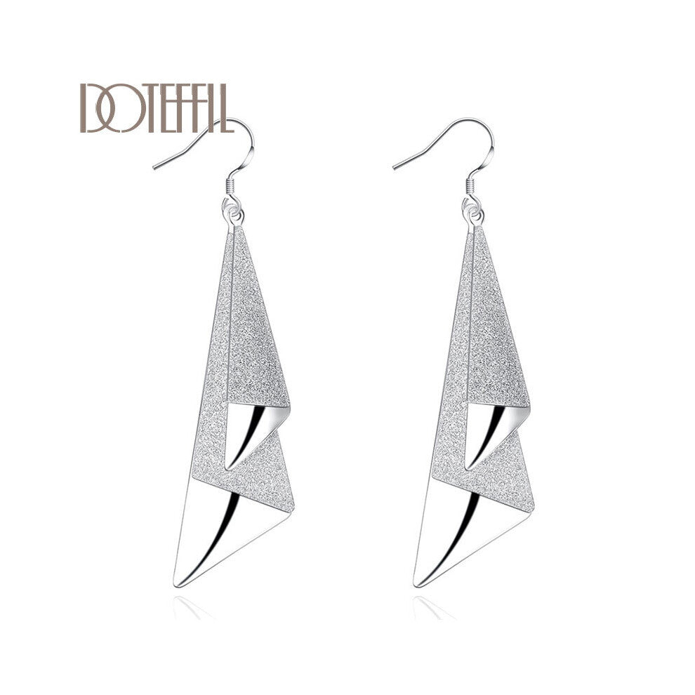 925 Sterling Silver Frosted Long Geometric Drop Earrings Charm Women Jewelry Wedding Engagement Party Gift
