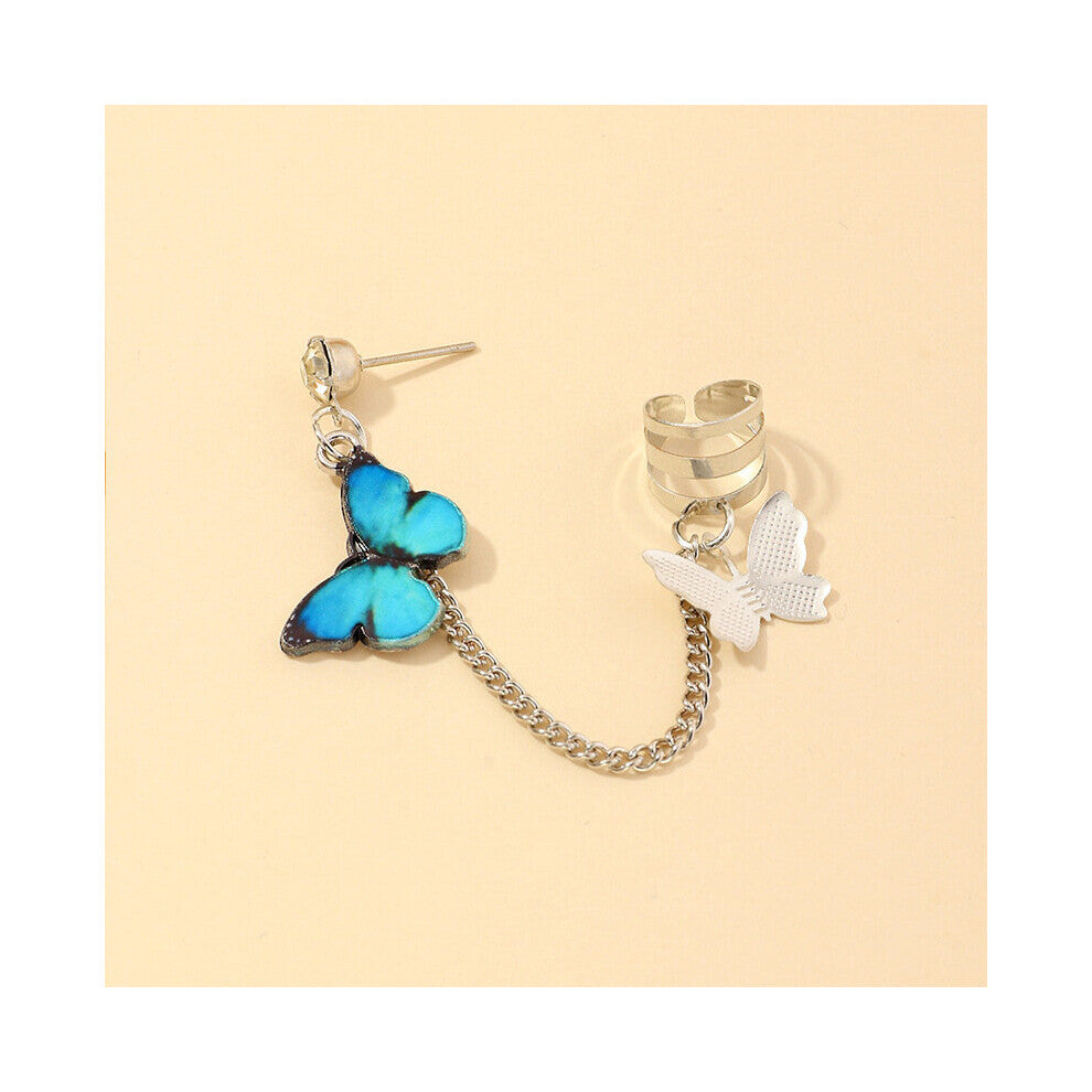 Geometric Butterfly Clip Earring For Teens Women Ear Cuffs Jewelry Retro Chain Long Hanging Earings Metal Gift