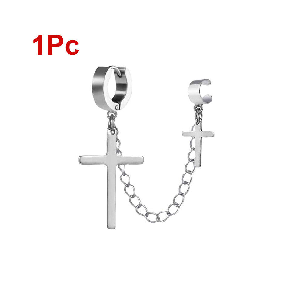 Punk One-peice Cross Tassel Clip Earrings for Women Teens Men Ear Cuffs Zinc Alloy Hip Hop Jewelry Vintage Chain Metal Earing