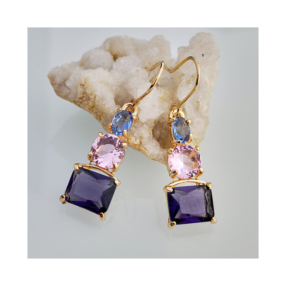 Square Pink Purple Zircon Drop Earrings Koreaanse Mode Long Engagement Wedding Earrings for Women