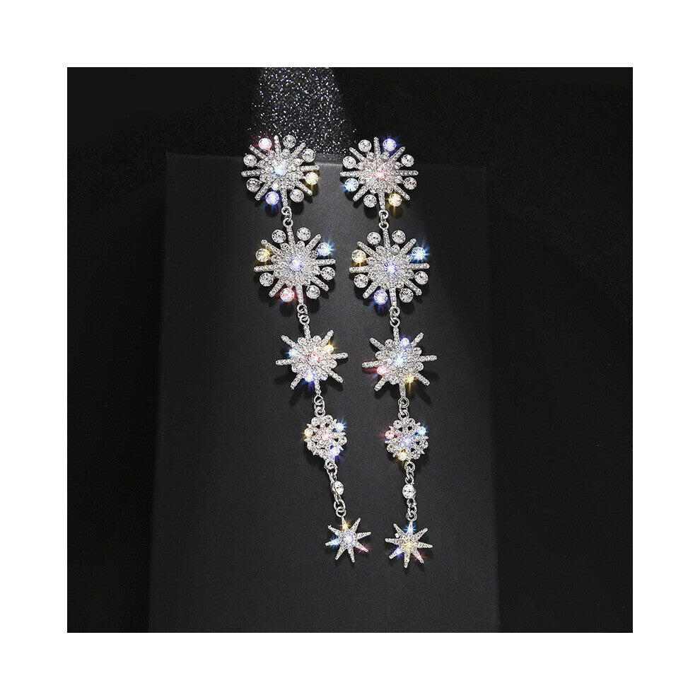 Shine Snowflake Rhinestone Drop Earrings for Women Long Tassel Crystal Earrings Weddings Engagement Jewelry Gift