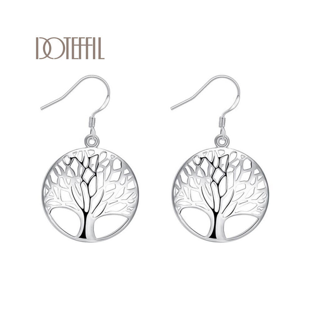 925 Sterling Silver Circle Tree Drop Earrings Charm Women Jewelry Wedding Engagement Party Gift