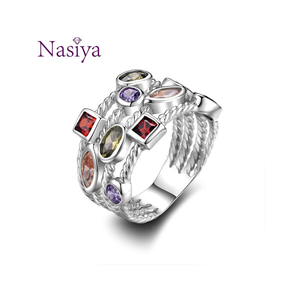 Nasiya 100% Silver 925 Jewelry Rings For Women Multiple Colorful Gemstones Wedding Ring Jewelry Engagement Gift