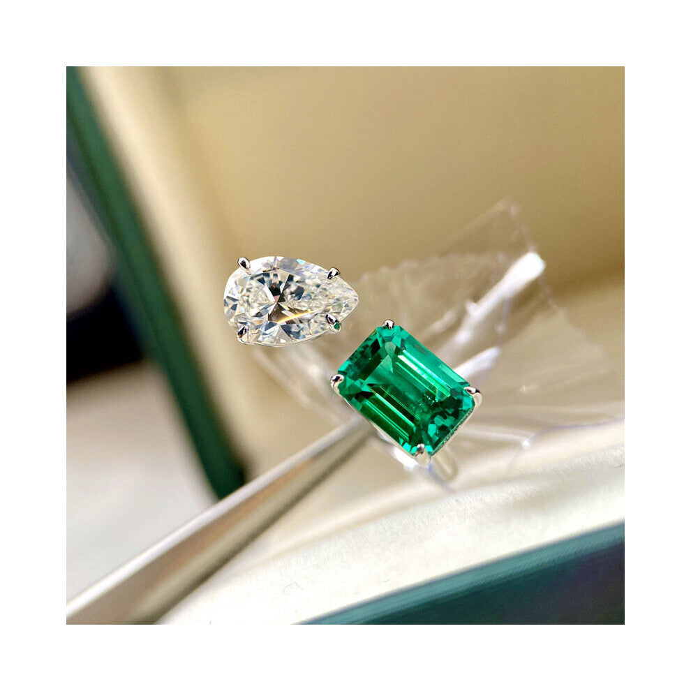 ANGEL 925 Silver Created Emerald Cut Pear Gemstone Zircon Engagement Open Ring For Women CZ Fine Jewelry