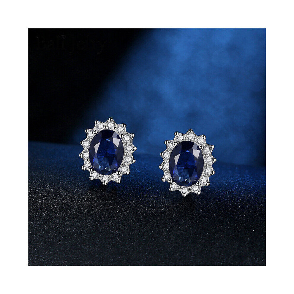 Earrings Silver 925 Jewelry Oval Shape Sapphire Zircon Gemstone Stud Earrings Accessories for Women Wedding Engagement