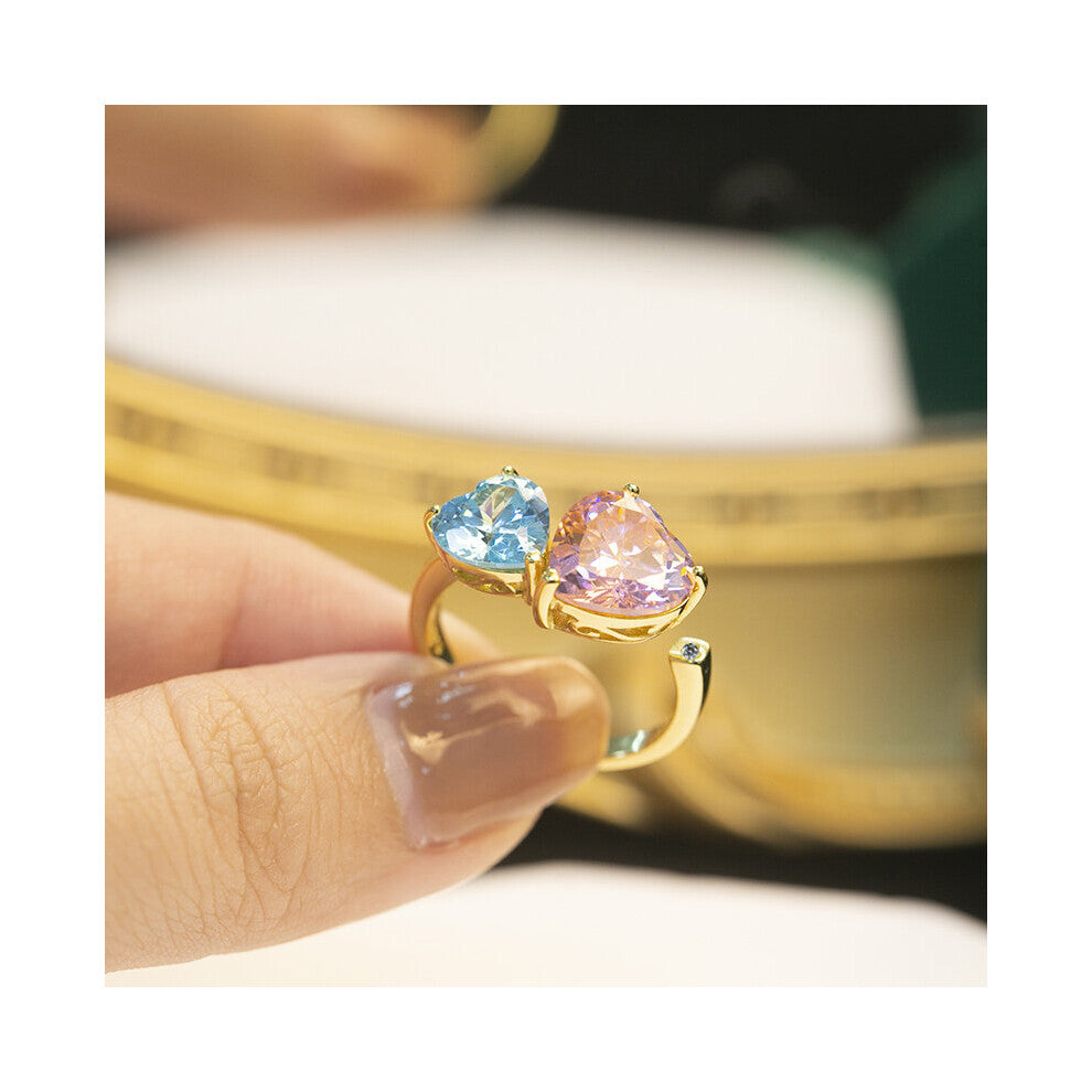 sterling silver 925 light sea pink gemstone double heart rings for women romantic couple engagement jewelry wedding