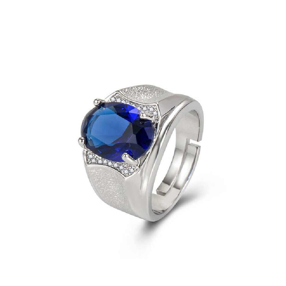 Men Ring Silver Jewelry 925 Accessories Oval Sapphire Zircon Gemstone Open Rings for Wedding Engagement
