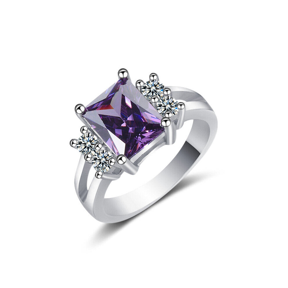 Rings 925 Silver Jewelry Rectangle Amethyst Zircon Gemstone Finger Ring for Women Wedding Engagement Party Ornaments