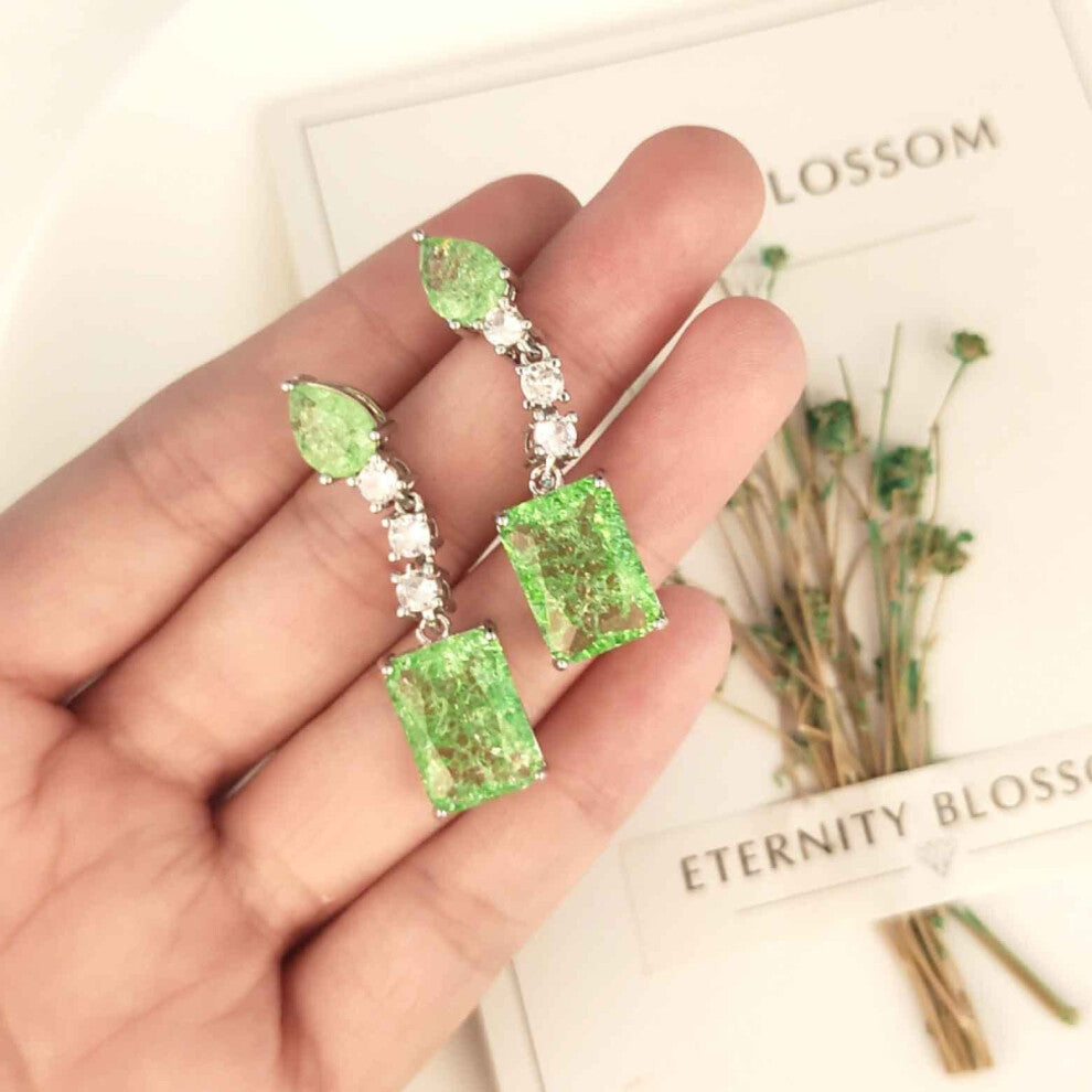 Eternity Square Green Tourmaline Gemstone Dangle Earring for Women Real Silver Drop Earring Wedding Engagement Jewelry