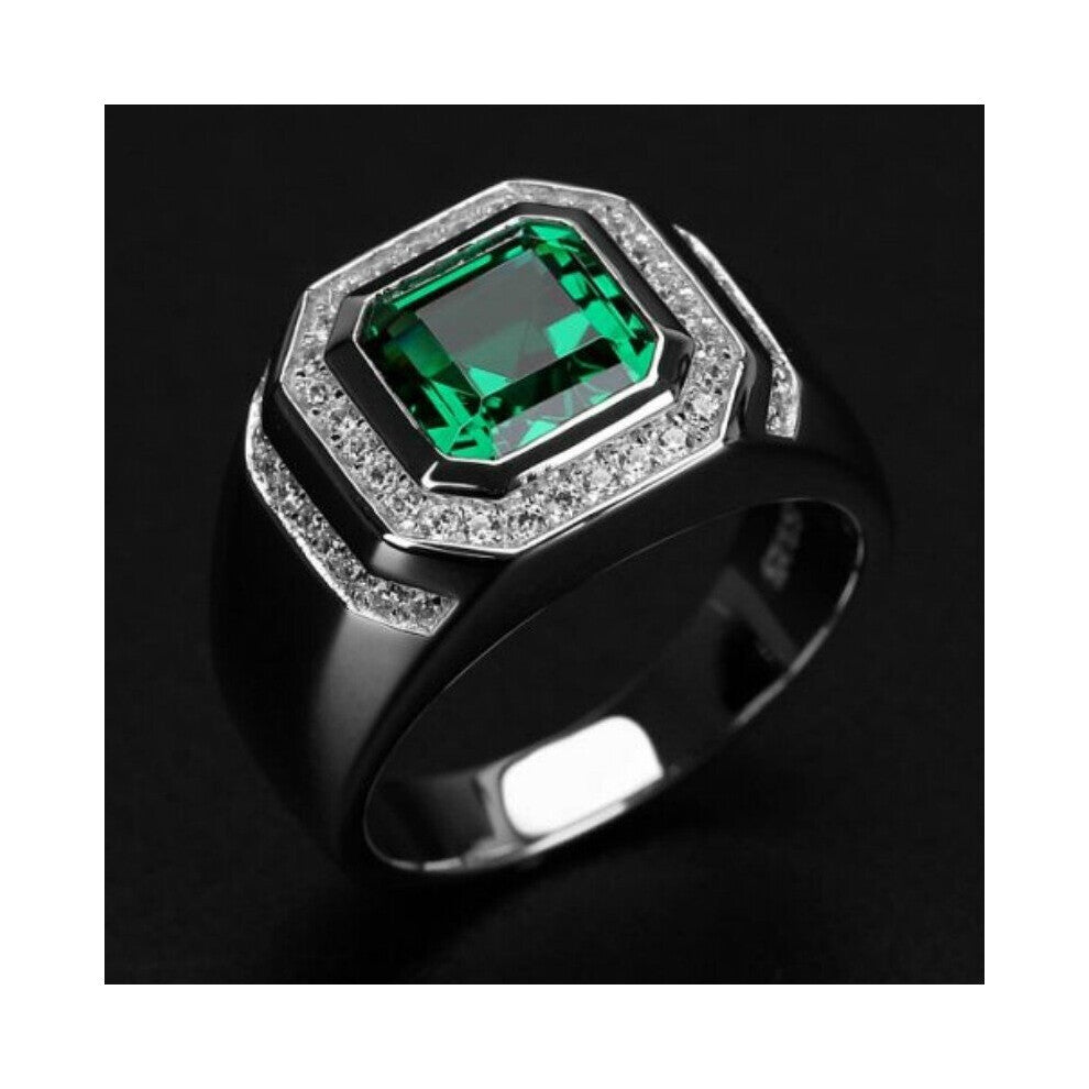 Men's 925 Silver Ring Domineering Green Gemstone Ring Wedding Engagement Ring Party Jewelry Size 6-13