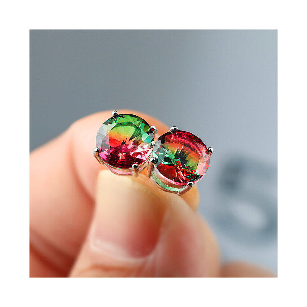 100% Real 925 Sterling Silver Red Green Gemstone Stud Earrings For Women Engagement Jewelry Four Prong Earrings