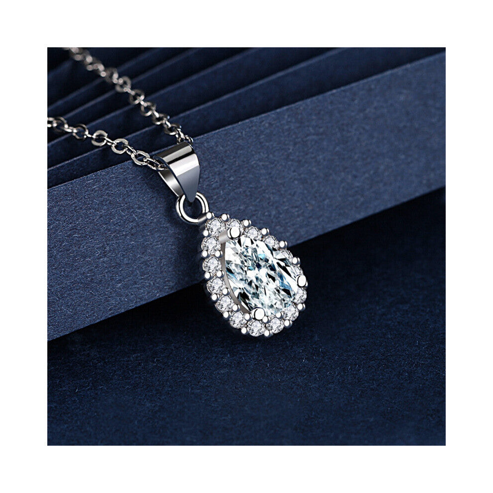 Women Necklace 925 Silver Jewelry Water Drop Shape Sapphire Zircon Gemstone Pendant Accessories for Wedding Engagement