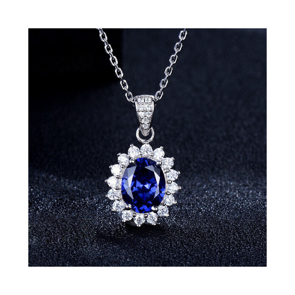 Women Necklace 925 Silver Jewelry with Oval Shape Sapphire Zircon Gemstones Pendant for Wedding Engagement Banquet Accessories