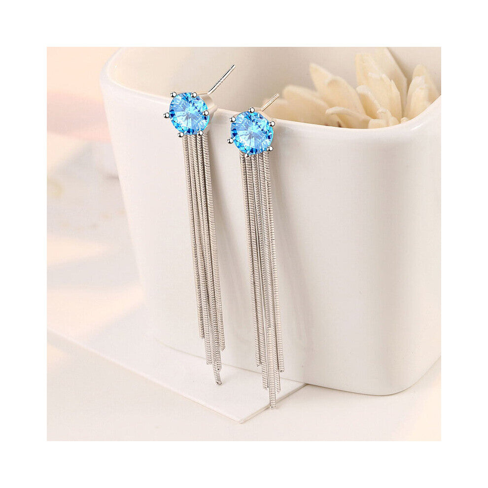 Earrings 925 Silver Jewelry Round Sapphire Gemstone Long Tassel Drop Earring for Women Wedding Engagement Accessories