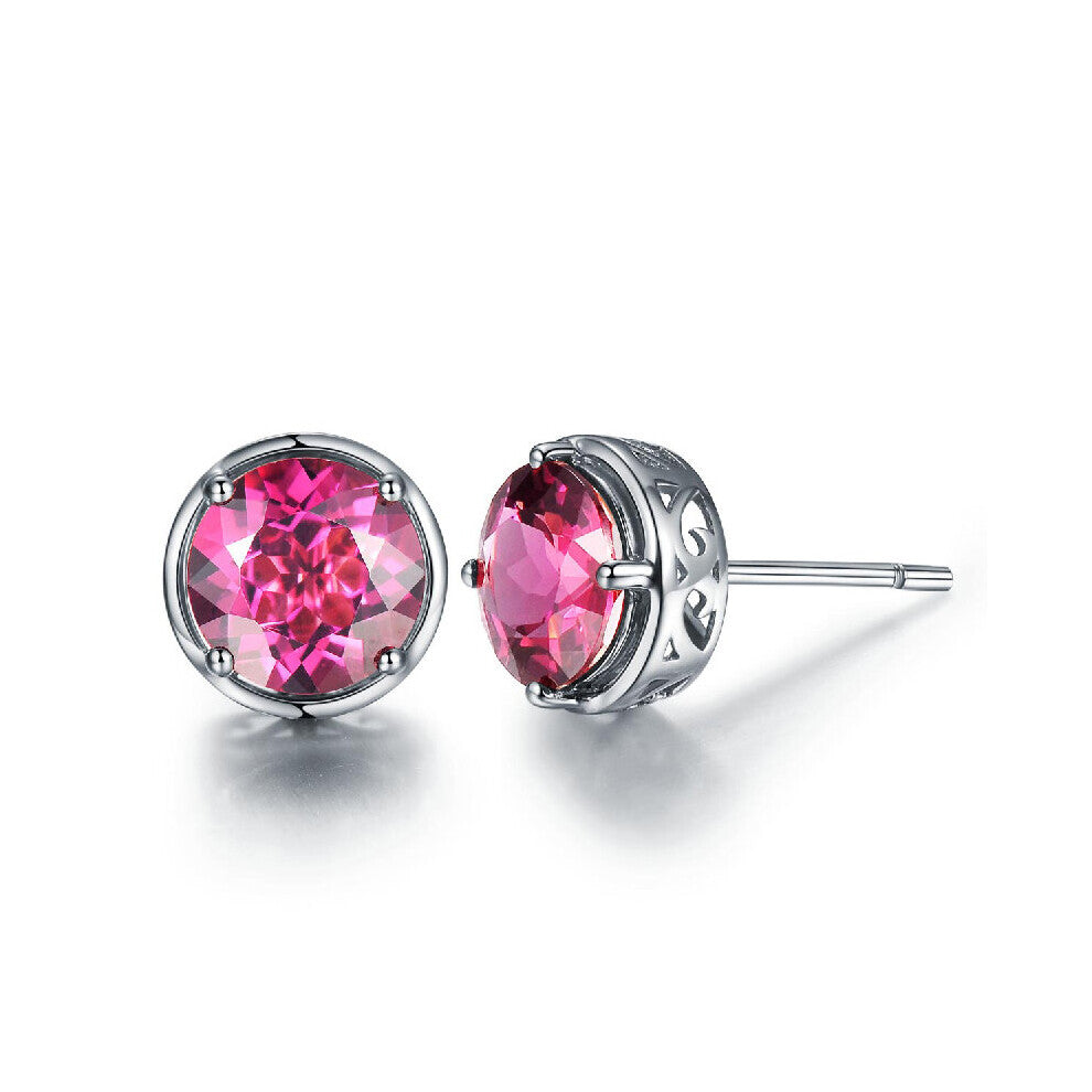 Retro 925 Silver Jewelry Earrings for Women Round Ruby Gemstone Stud Earring Wedding Engagement Party Gift Accessories