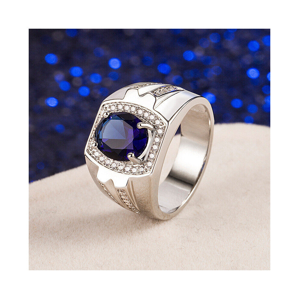 Classic Men Ring 925 Silver Oval Shaped Sapphire Zircon Gemstone Finger Rings for Male Wedding Engagement Party Jewelry