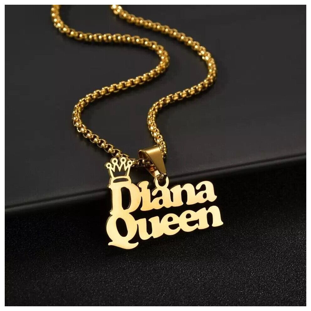 (Silver, 50cm) Personalized?Thick Chain With Crown Names?Pendant Hook Necklaces Bold Stainless Steel Big Letter Necklace Jewelry