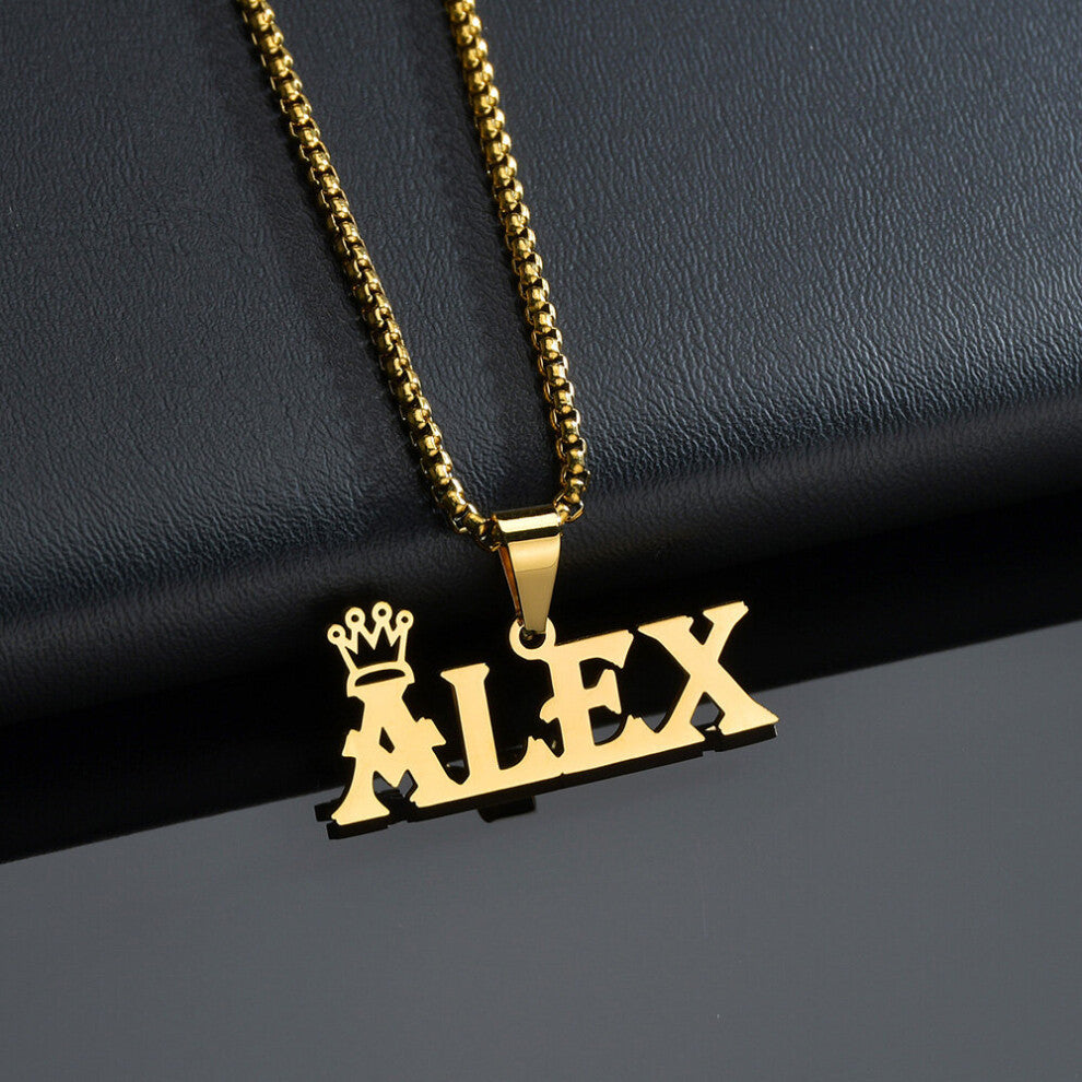 (Silver, 55cm) Personalized?Thick Chain With Crown Names?Pendant Hook Necklaces Bold Stainless Steel Big Letter Necklace Jewelry