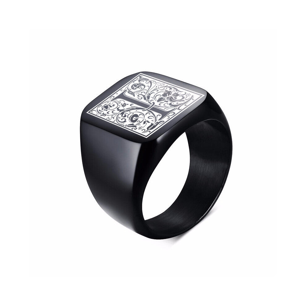 MONOGRAM SIGNET RING STAINLESS STEEL BIKER RINGS FOR MEN MONOGRAM FANCY INITAL SQUARE FLAT BAND IN