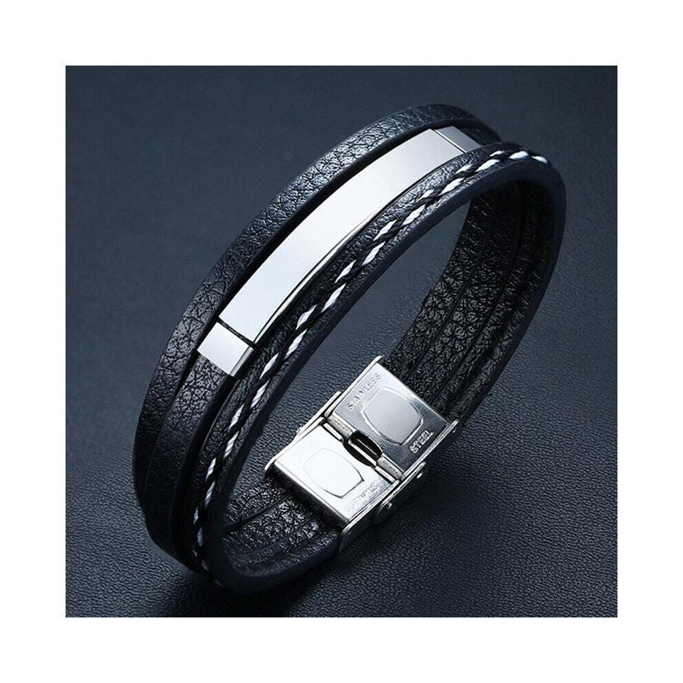 (Gold-color, 17cm) Customize Name Quotes Leather Bracelets for Men Glossy Stainless Steel Layered Braided Bangle Personalized DAD Husband Gift