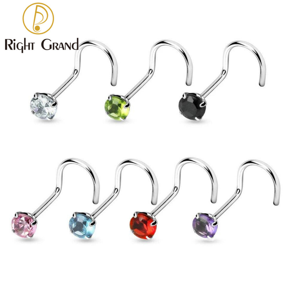 (Light Yellow Gold Color, Black) Implant ASTM F136 Titanium 20G 2mm Round CZ Nose Screw Studs Rings Piercing Jewelry