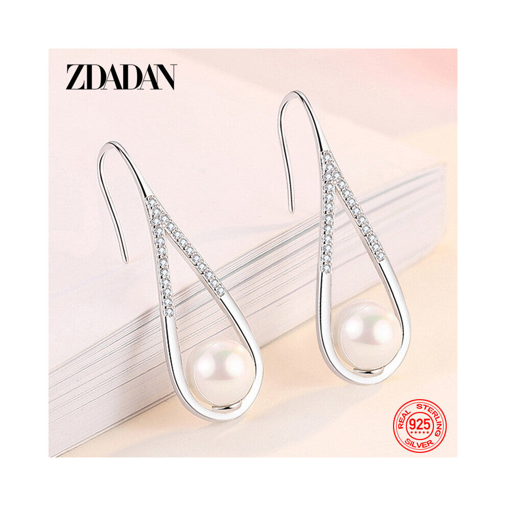 925 Sterling Silver Drop Shaped Pearl Zircon Dangle Earring For Women Charm Engagement Jewelry Party Gift