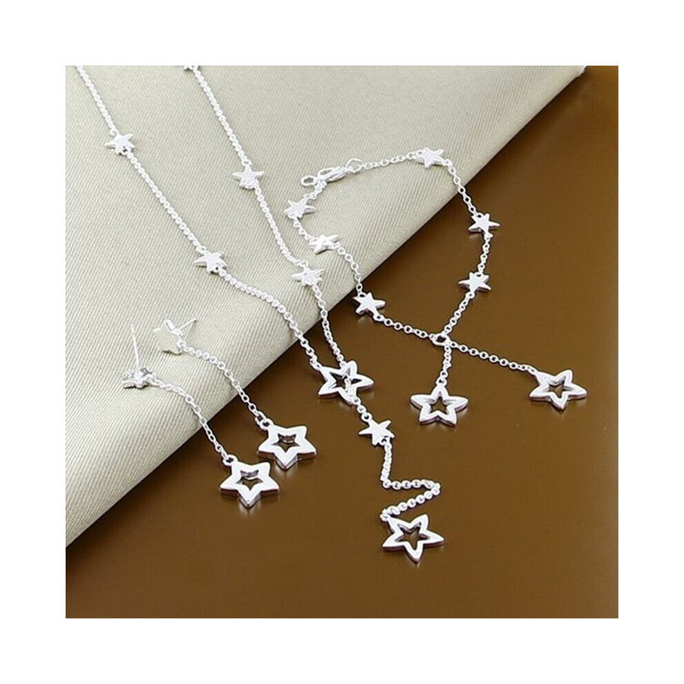 Style 925 Sterling Silver Set Star Earrings Bracelet Necklace Set For Women Engagement Party Wedding Charm Jewelry
