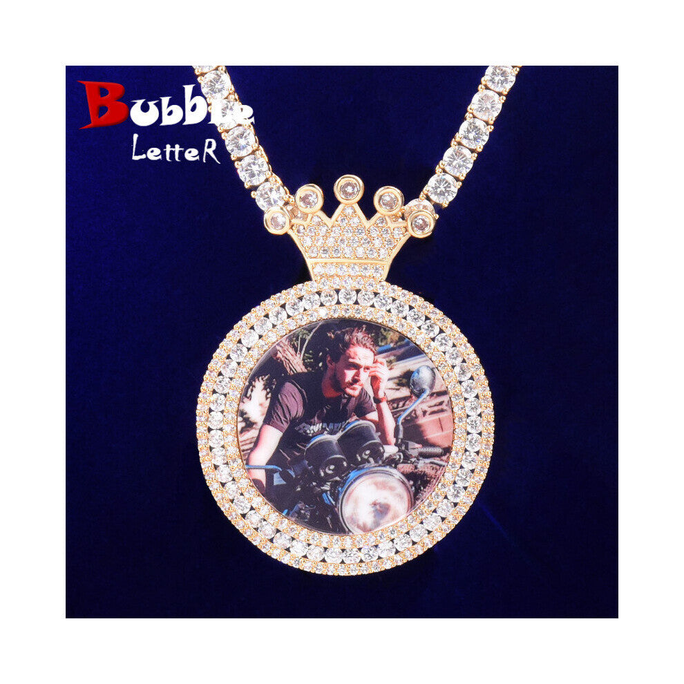 (White, 45cm) Bubble Letter Photo Necklace for Men Picture Memory Crown Micro Pave Charms Plated Hip Hop Rock Jewelry